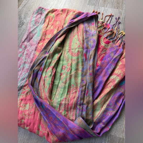 VTG Neck Scarf Made In India Boho Hippie Multi Color Pink Purple Green Fringe - Picture 3 of 6